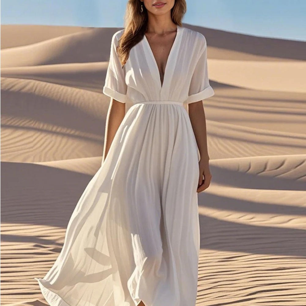 White Cuffed Sleeve V-Neck Resort Maxi Sundress